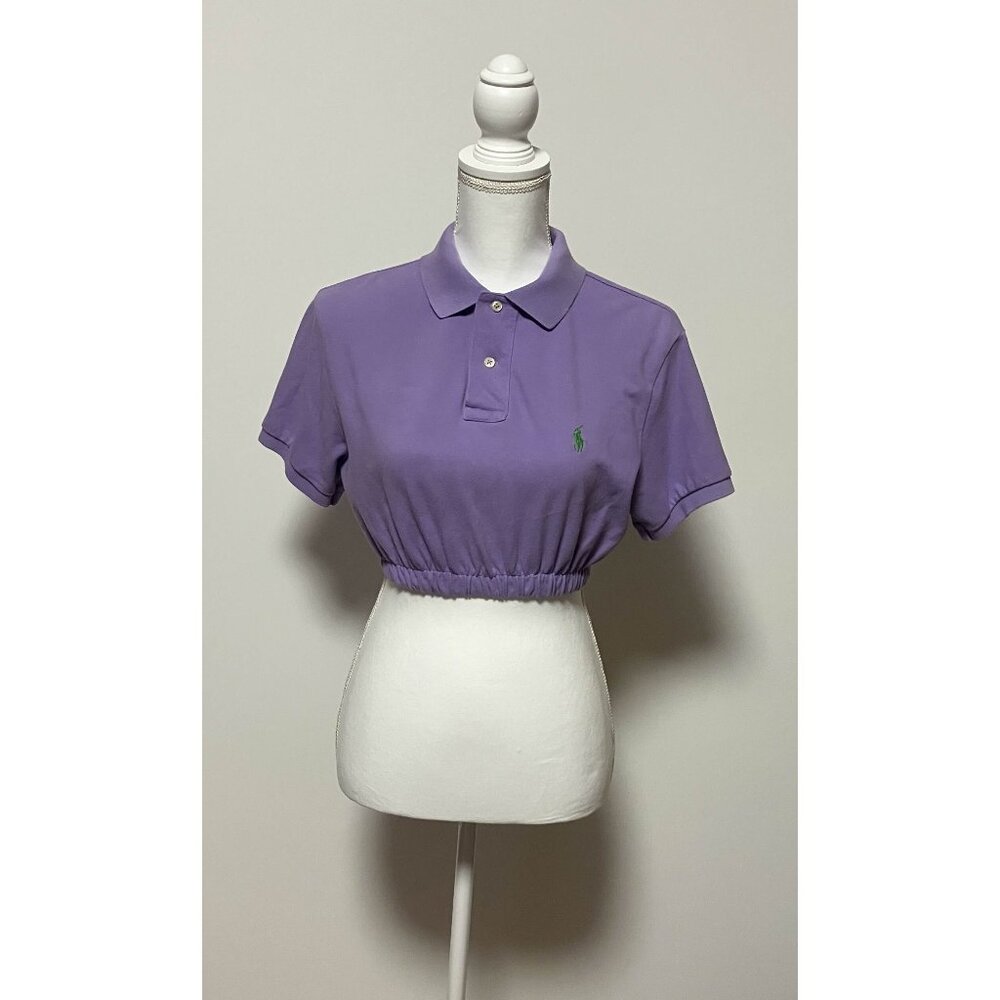 Polo Crop Top Custom Rework, Purple, Size Small (See Desc), Cinch/Elastic Bottom - Picture 5 of 10